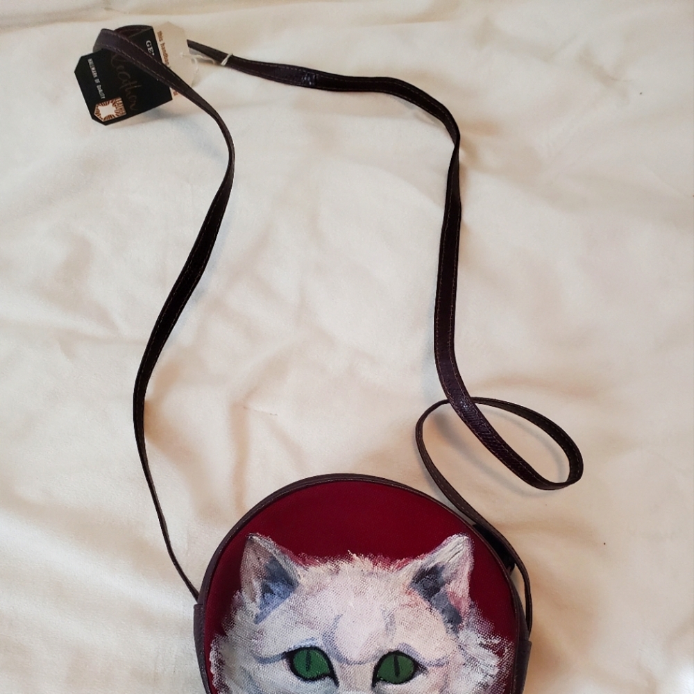 NWT Vintage 1990 Signed Melissa Hand Painted Cat Genuine Leather Crossbody Purse